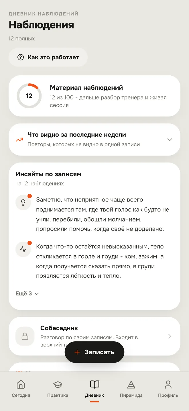 Akadem1k journal screen: observations, insights from entries, conversation partner